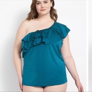 New Lane Bryant Swim by Cacique Teal Shimmer Ruffle Tankini Set 24